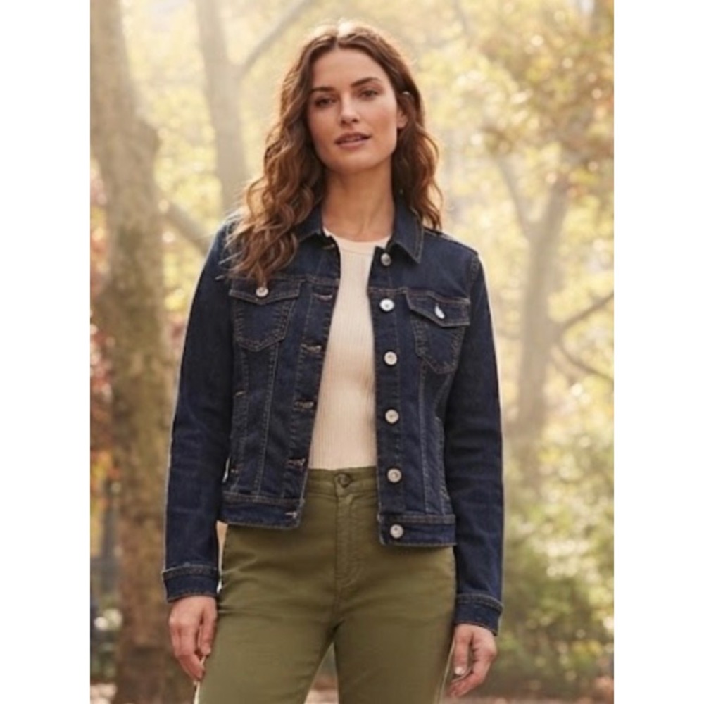 Lane Bryant Womens Dark Wash Denim Trucker Jacket Plus Size 24 Cotton Stretch